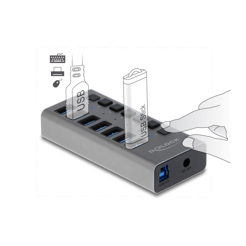 Delock Externer USB 5 Gbps Hub mit 7 Ports + Schalter