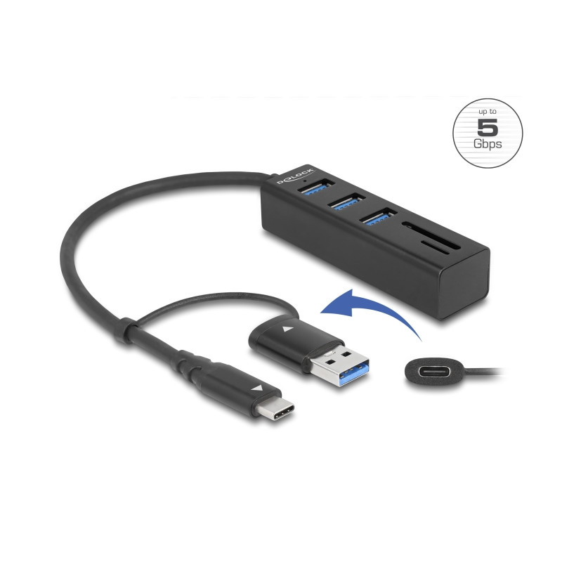 Delock 3 Port USB 5 Gbps Hub + SD und Micro SD Card Reader mit USB Type-C™ oder USB Typ-A Anschluss