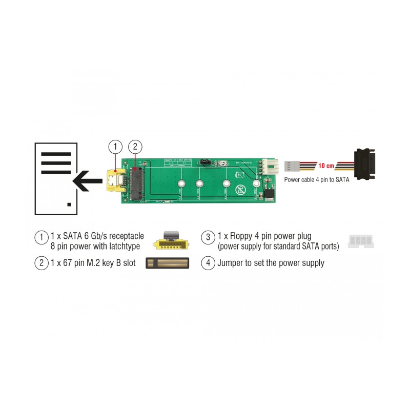 Delock Konverter SATA Pin 8 Power Buchse - M.2 Key B Slot