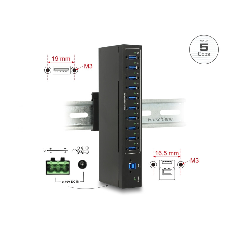 Delock Externer Industrie Hub 10 x USB 5 Gbps Typ-A mit 20 kV ESD Schutz