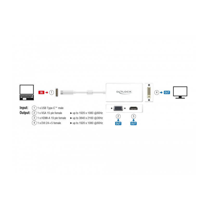 Delock Adapter USB Type-C™ Stecker - VGA / HDMI / DVI Buchse weiß