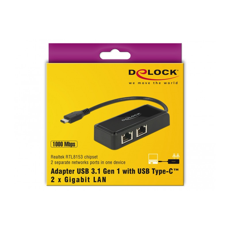Delock USB Type-C™ Netzwerk Adapter Gigabit LAN 2 x RJ45