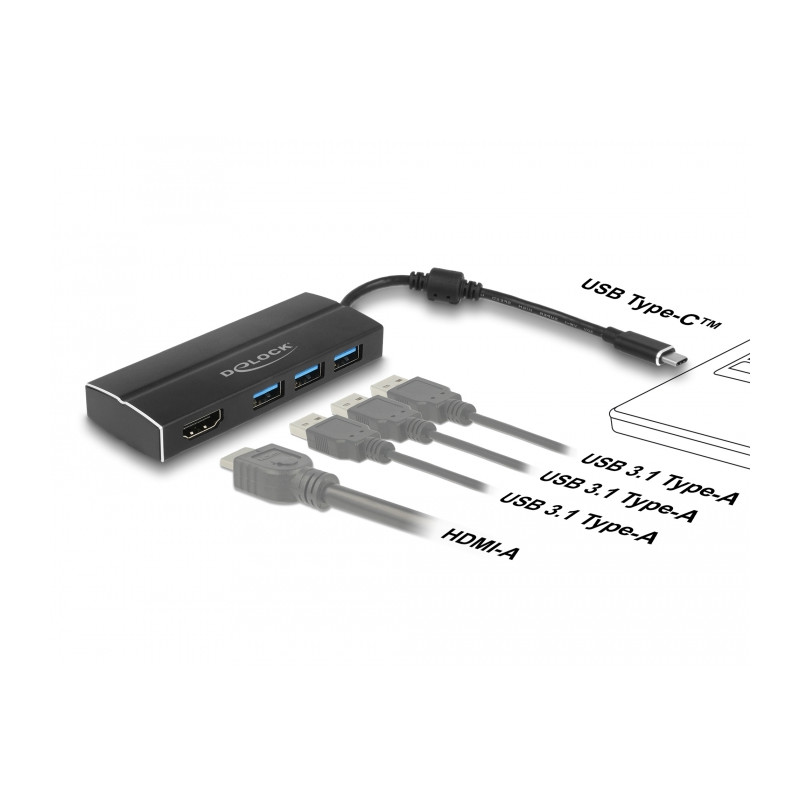 Delock USB 5 Gbps Adapter USB Type-C™ zu 3 x USB 5 Gbps Typ-A Hub + 1 x HDMI (DP Alt Mode) 4K 30 Hz