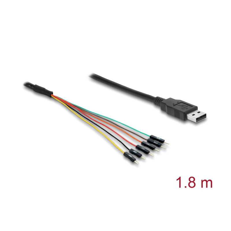 Delock Konverter USB 2.0 Typ-A zu UART TTL (5 V) Schnittstelle mit 6 x Pfostenstecker TX/RX/CTS/RTS und 5 V Ausgangsspannung 1,8