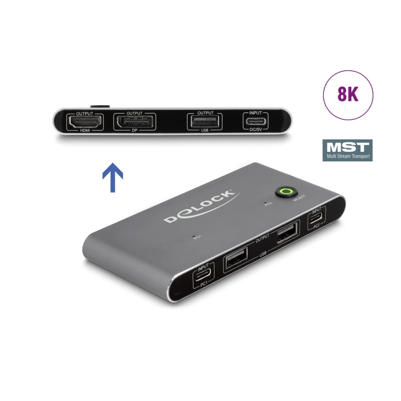 Delock USB-C™ KVM Switch zu HDMI und DisplayPort 8K MST mit USB 2.0