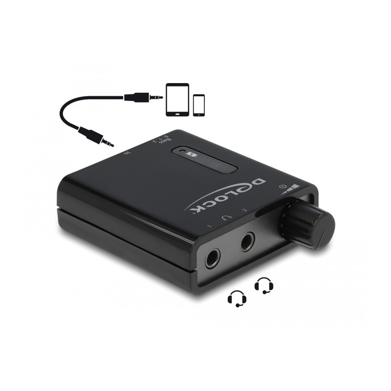 Delock Tragbarer Stereo Kopfhörer-Verstärker mit zwei Ausgängen und Bass-Boost