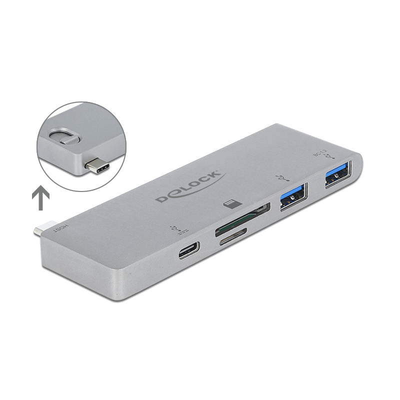 Delock 3 Port Hub und 2 Slot Card Reader für MacBook mit PD 3.0 und einschiebbarem USB Type-C™ Anschluss