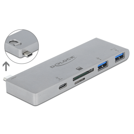 Delock 3 Port Hub und 2 Slot Card Reader für MacBook mit PD 3.0 und einschiebbarem USB Type-C™ Anschluss