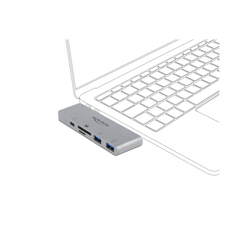 Delock 3 Port Hub und 2 Slot Card Reader für MacBook mit PD 3.0 und einschiebbarem USB Type-C™ Anschluss