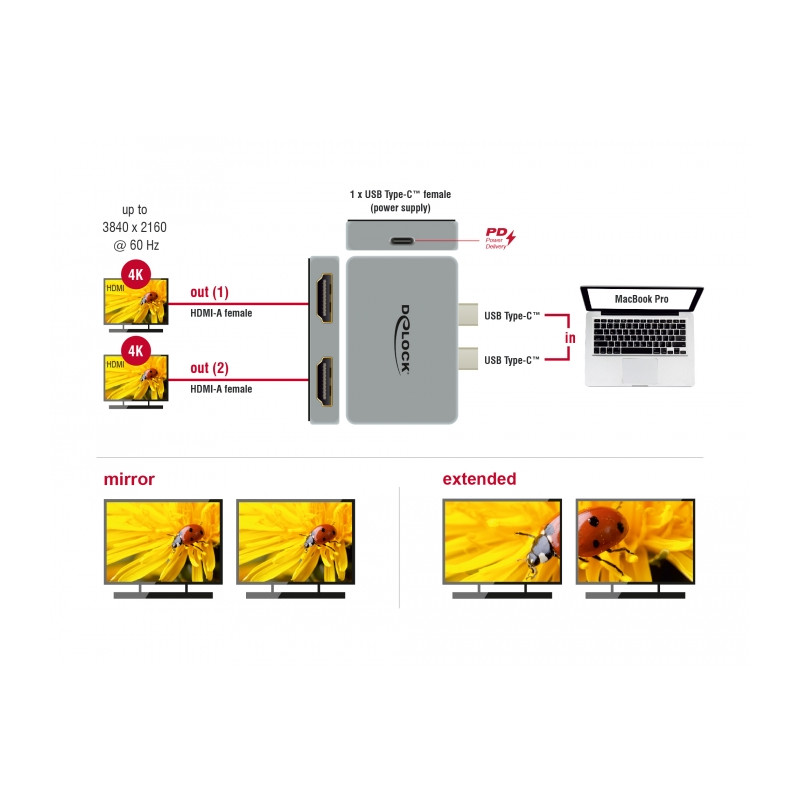 Delock Dual HDMI Adapter mit 4K 60 Hz und PD 3.0 für MacBook
