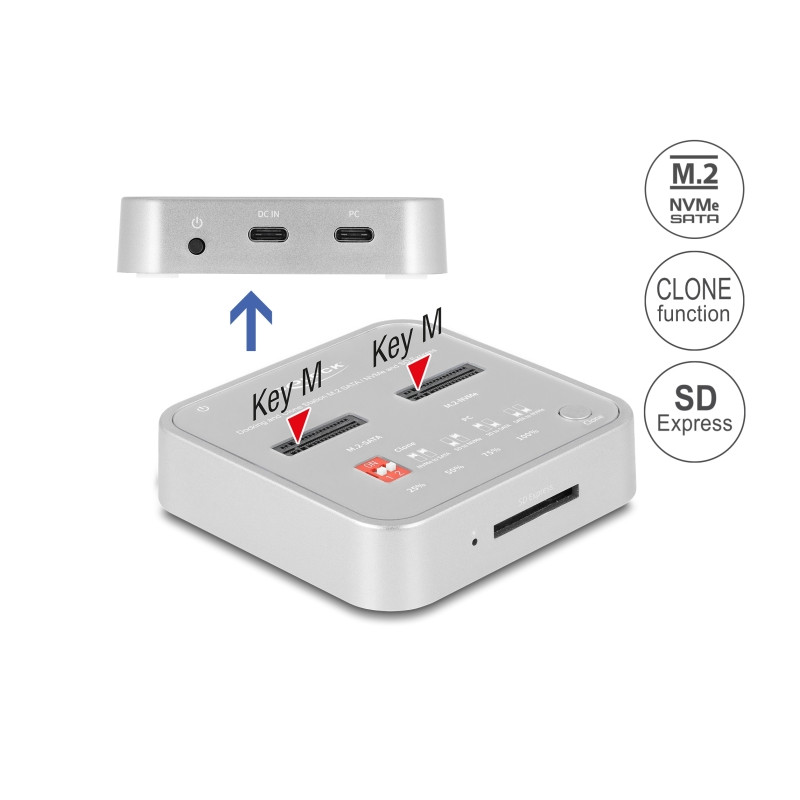 Delock Dockingstation für 1 x M.2 NVMe SSD + 1 x M.2 SATA SSD mit SD Express (SD 7.1) Card Reader und Klon Funktion