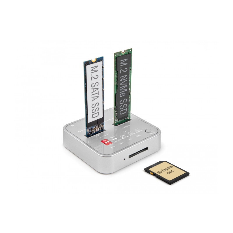 Delock Dockingstation für 1 x M.2 NVMe SSD + 1 x M.2 SATA SSD mit SD Express (SD 7.1) Card Reader und Klon Funktion