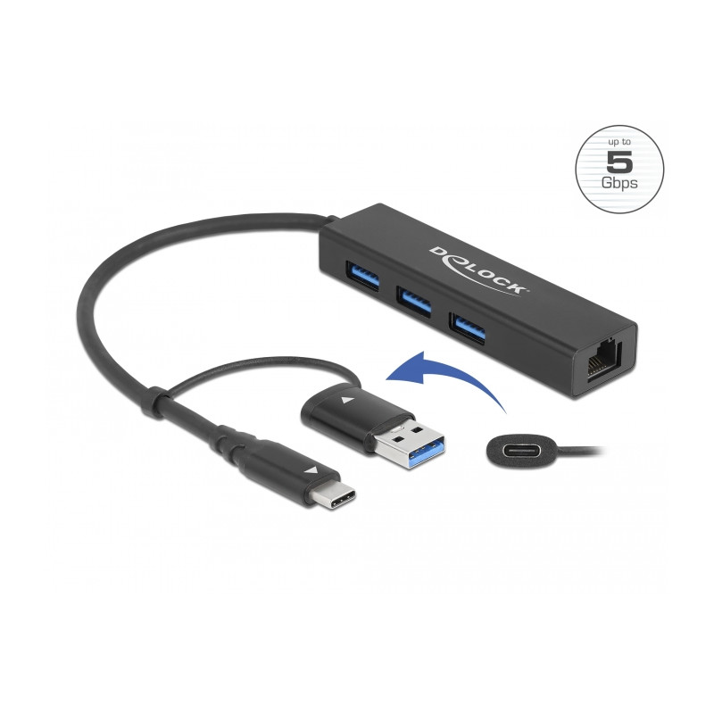 Delock 3 Port USB 3.2 Gen 1 Hub + Gigabit LAN mit USB Type-C™ oder USB Typ-A Anschluss
