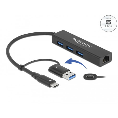 Delock 3 Port USB 3.2 Gen 1 Hub + Gigabit LAN mit USB Type-C™ oder USB Typ-A Anschluss