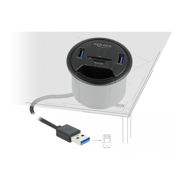 Delock 2 Port Tisch-Hub 2 x SuperSpeed USB Typ-A und Card Reader für SD und Micro SD
