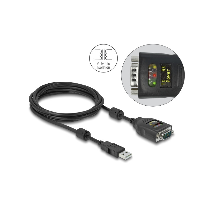 Delock Isolator USB 2.0 Typ-A zu RS-232 D-Sub 9 Stecker galvanische Trennung 2,5 kV 2m