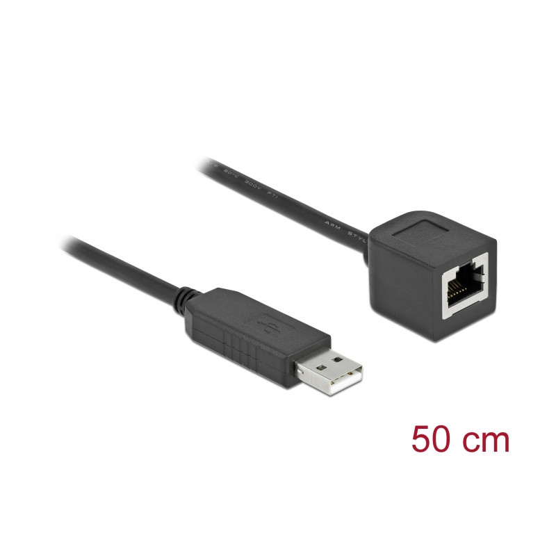 Delock Serielles Anschlusskabel mit FTDI Chipsatz, USB 2.0 Typ-A Stecker zu RS-232 RJ45 Buchse 50 cm schwarz