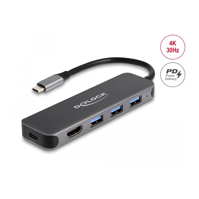 Delock 3 Port USB Hub und 4K HDMI Ausgang mit USB Type-C™ Anschluss und PD 85 Watt