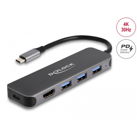 Delock 3 Port USB Hub und 4K HDMI Ausgang mit USB Type-C™ Anschluss und PD 85 Watt
