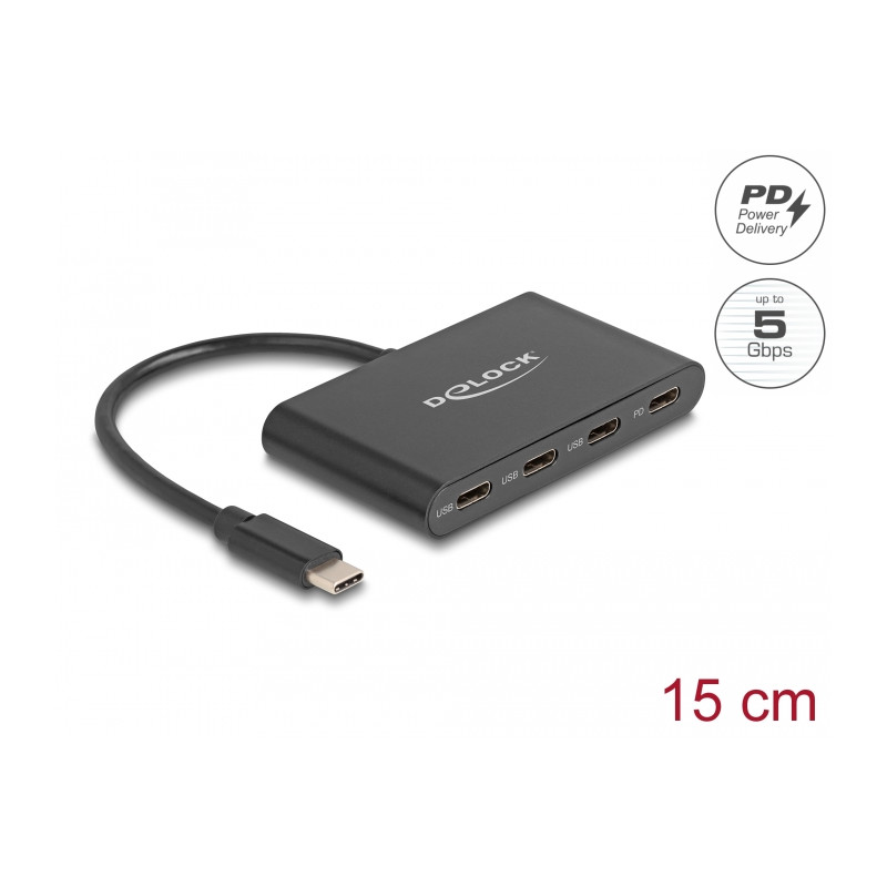 Delock USB 3.2 Gen 1 USB Type-C™ Hub mit 3 x USB Type-C™ Buchse + 1 x USB Type-C™ PD 100 Watt