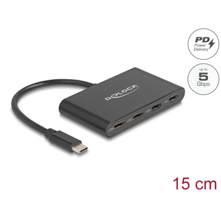 Delock USB 3.2 Gen 1 USB Type-C™ Hub mit 3 x USB Type-C™ Buchse + 1 x USB Type-C™ PD 100 Watt