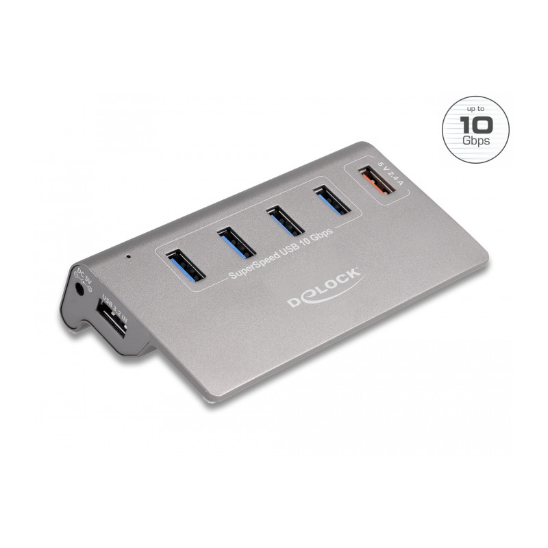 Delock USB 10 Gbps Hub mit 4 USB Typ-A Ports + 1 Schnellladeport inkl. Netzteil