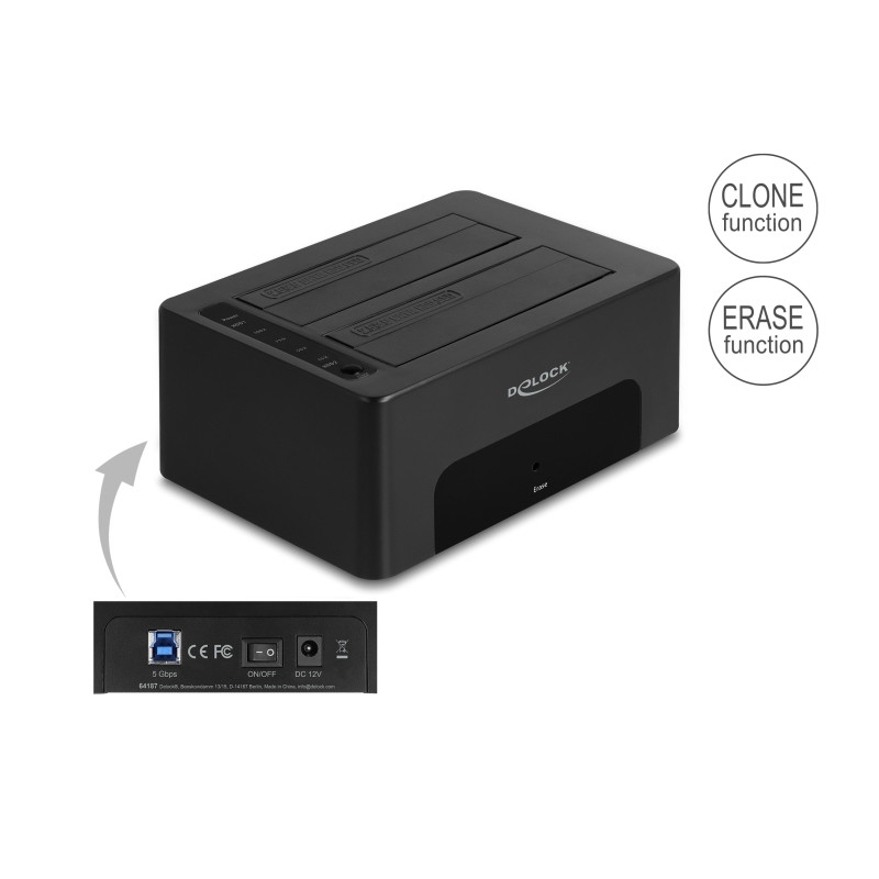Delock USB Dual Dockingstation für 2 x SATA HDD / SSD mit Klon- und Löschfunktion