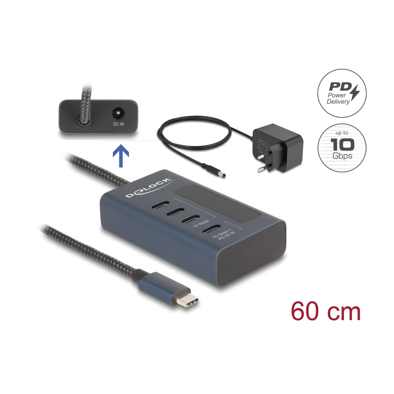 Delock USB 10 Gbps Hub mit 4 USB Type-C™ Ports davon 3 x Datenport + 1 x Daten und PD 20 Watt mit Leistungsanzeige