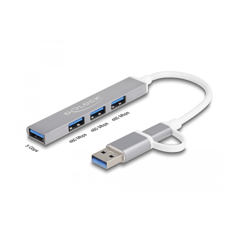 Delock 4 Port Slim USB Hub mit USB Type-C™ oder USB Typ-A zu 3 x USB 2.0 Typ-A Buchse + 1 x USB 5 Gbps Typ-A Buchse