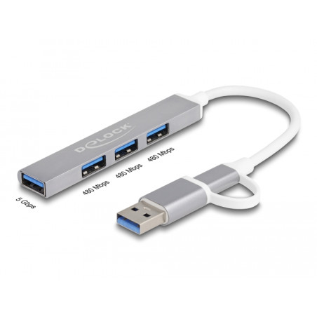 Delock 4 Port Slim USB Hub mit USB Type-C™ oder USB Typ-A zu 3 x USB 2.0 Typ-A Buchse + 1 x USB 5 Gbps Typ-A Buchse