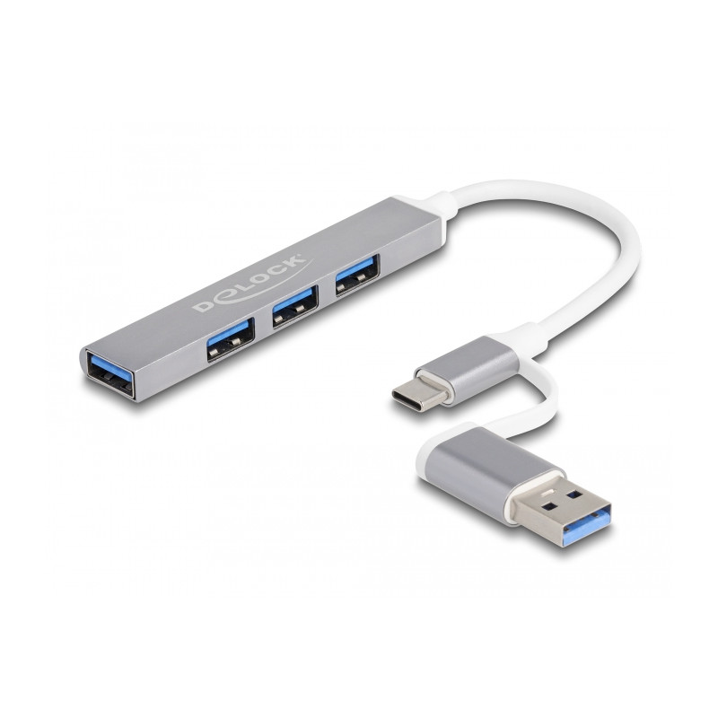Delock 4 Port Slim USB Hub mit USB Type-C™ oder USB Typ-A zu 3 x USB 2.0 Typ-A Buchse + 1 x USB 5 Gbps Typ-A Buchse
