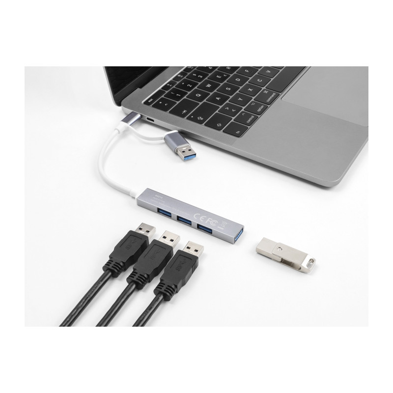 Delock 4 Port Slim USB Hub mit USB Type-C™ oder USB Typ-A zu 3 x USB 2.0 Typ-A Buchse + 1 x USB 5 Gbps Typ-A Buchse