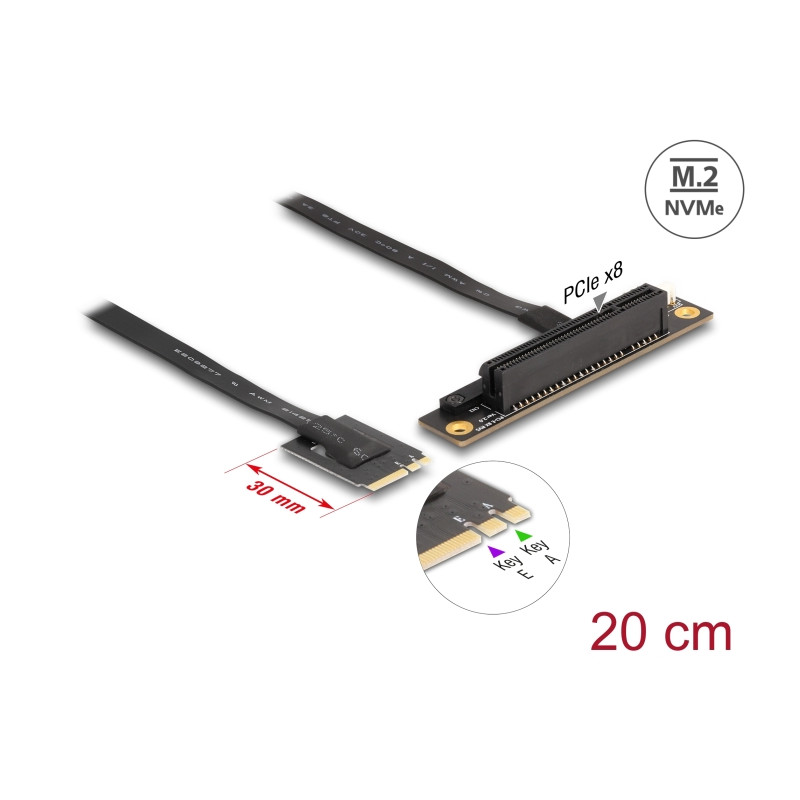 Delock M.2 Key A+E zu PCIe x8 NVMe Adapter gewinkelt mit 20 cm Kabel