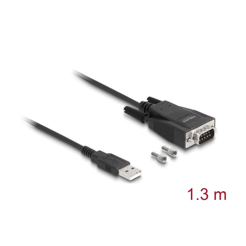 Delock Adapter USB 2.0 Typ-A Stecker zu 1 x Seriell RS-232 D-Sub 9 Stecker mit Schrauben und Muttern ESD Überspannungsschutz