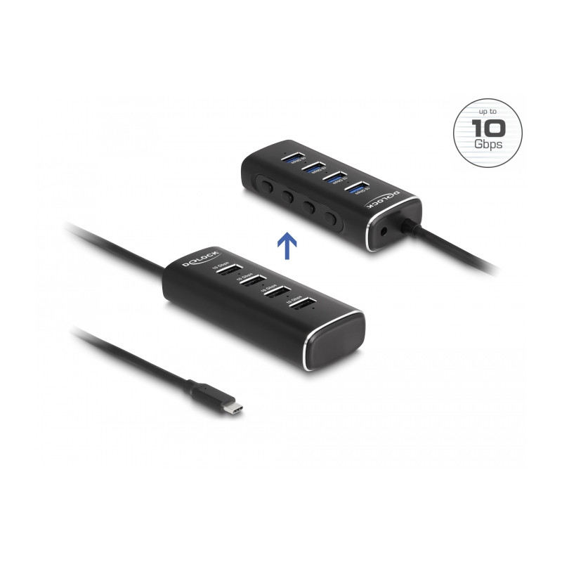 Delock 4 Port USB 10 Gbps Hub mit USB Type-C™ Anschluss 60 cm Kabel und Schalter für jeden Port