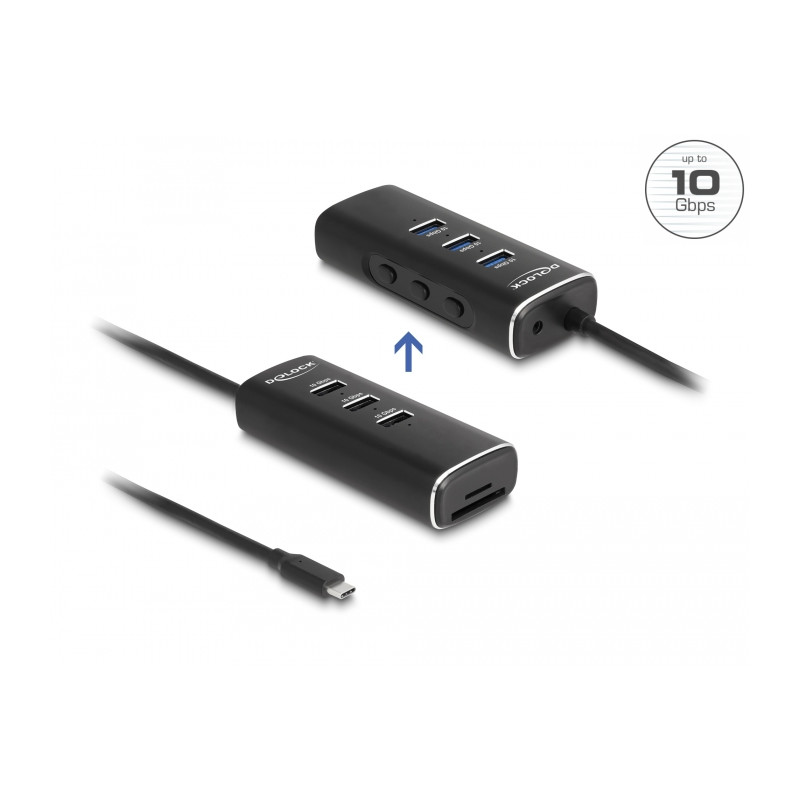 Delock 3 Port USB 10 Gbps Hub inklusive SD und Micro SD Card Reader mit USB Type-C™ Anschluss 60 cm Kabel und Schalter für jeden