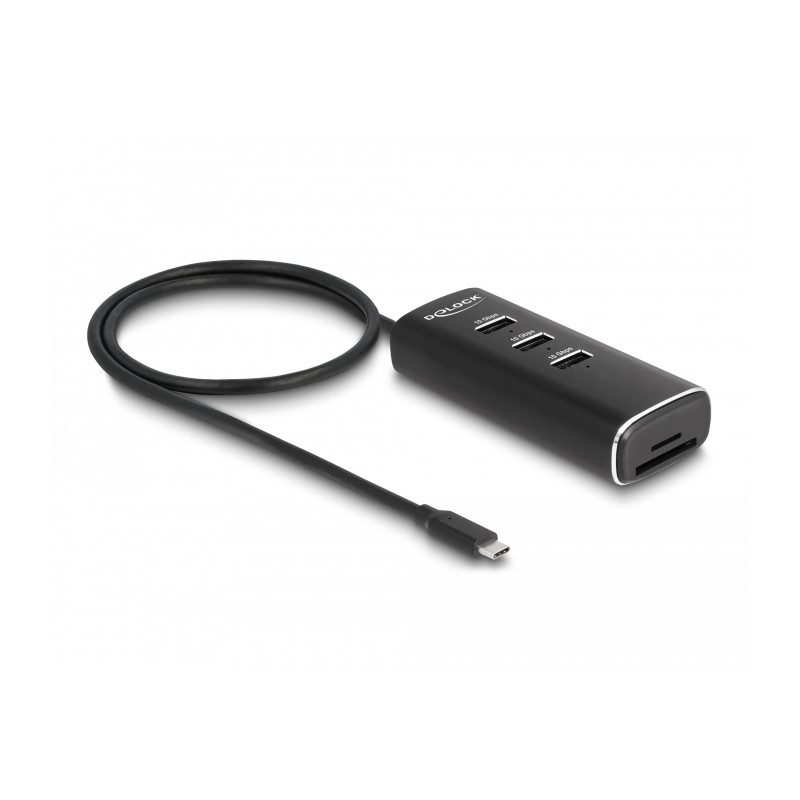 Delock 3 Port USB 10 Gbps Hub inklusive SD und Micro SD Card Reader mit USB Type-C™ Anschluss 60 cm Kabel und Schalter für jeden