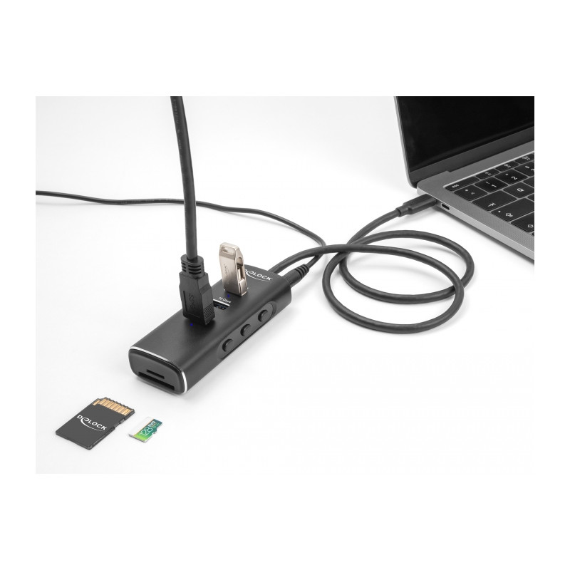 Delock 3 Port USB 10 Gbps Hub inklusive SD und Micro SD Card Reader mit USB Type-C™ Anschluss 60 cm Kabel und Schalter für jeden
