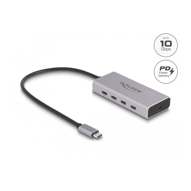 Delock USB 10 Gbps USB Type-C™ Hub mit 4 x USB Type-C™ Buchse + 1 x USB Type-C™ PD 85 Watt mit 30 cm Anschlusskabel