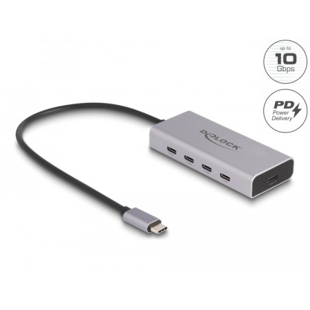 Delock USB 10 Gbps USB Type-C™ Hub mit 4 x USB Type-C™ Buchse + 1 x USB Type-C™ PD 85 Watt mit 30 cm Anschlusskabel