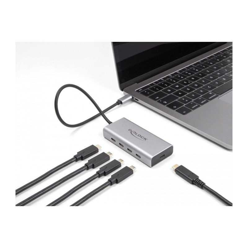 Delock USB 10 Gbps USB Type-C™ Hub mit 4 x USB Type-C™ Buchse + 1 x USB Type-C™ PD 85 Watt mit 30 cm Anschlusskabel