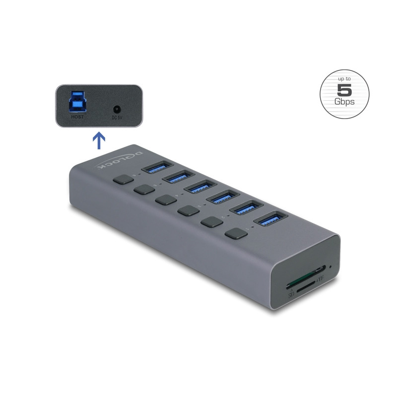 Delock Externer USB 5 Gbps 6 Port Hub mit Schalter und SD / Micro SD Slot