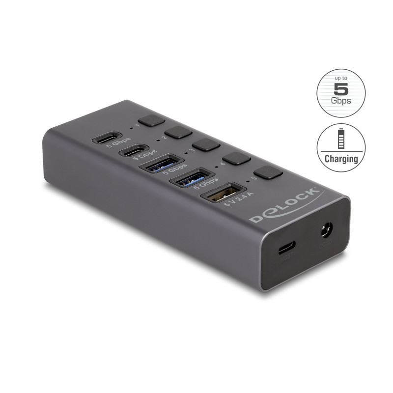 Delock USB 5 Gbps Hub mit 2 x USB Typ-A und 2 x USB Type-C™ Buchse und 1 x Schnellladeport + Schalter
