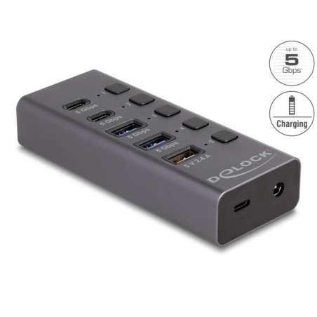 Delock USB 5 Gbps Hub mit 2 x USB Typ-A und 2 x USB Type-C™ Buchse und 1 x Schnellladeport + Schalter