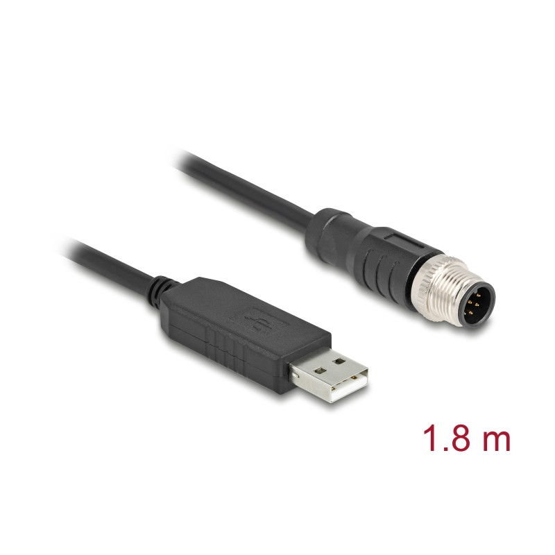 Delock M12 Serielles Anschlusskabel mit FTDI Chipsatz, USB 2.0 Typ-A Stecker zu M12 RS-232 Stecker A-kodiert 8 Pin 1,8 m schwarz