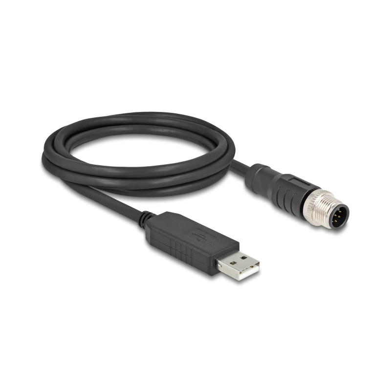 Delock M12 Serielles Anschlusskabel mit FTDI Chipsatz, USB 2.0 Typ-A Stecker zu M12 RS-232 Stecker A-kodiert 8 Pin 1,8 m schwarz