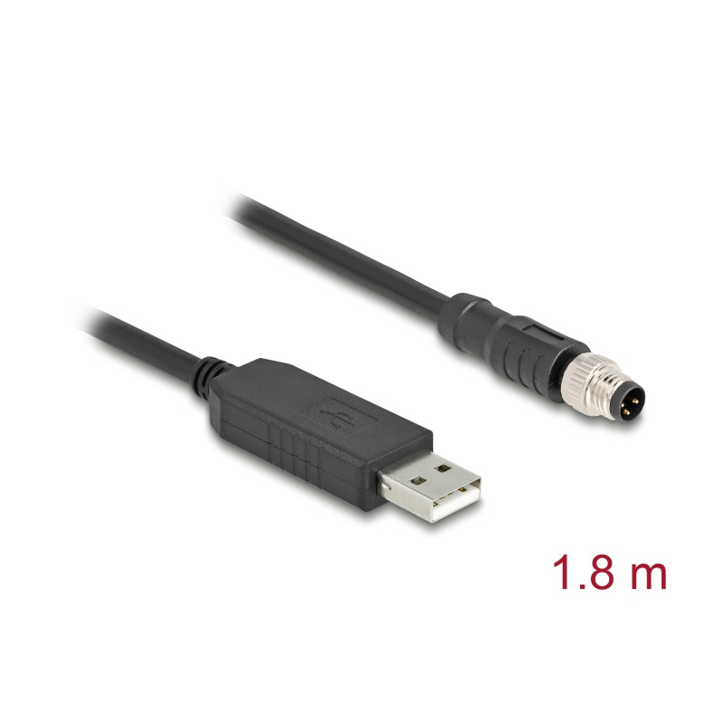 Delock M8 A-kodiert 3 Pin Serielles Anschlusskabel mit FTDI Chipsatz, USB 2.0 Typ-A Stecker zu M8 RS-232 Stecker 1,8 m schwarz