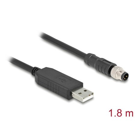 Delock M8 A-kodiert 3 Pin Serielles Anschlusskabel mit FTDI Chipsatz, USB 2.0 Typ-A Stecker zu M8 RS-232 Stecker 1,8 m schwarz