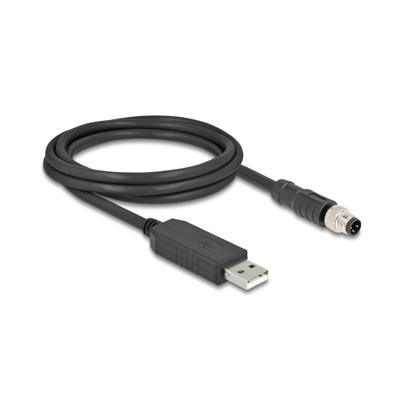 Delock M8 A-kodiert 3 Pin Serielles Anschlusskabel mit FTDI Chipsatz, USB 2.0 Typ-A Stecker zu M8 RS-232 Stecker 1,8 m schwarz