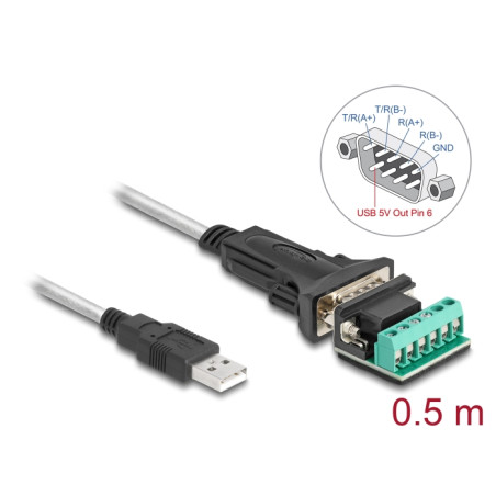 Delock Adapter USB 2.0 Typ-A zu 1 x Seriell RS-422/485 Stecker mit 6 Pin Terminalblock 5 V 0,5 m